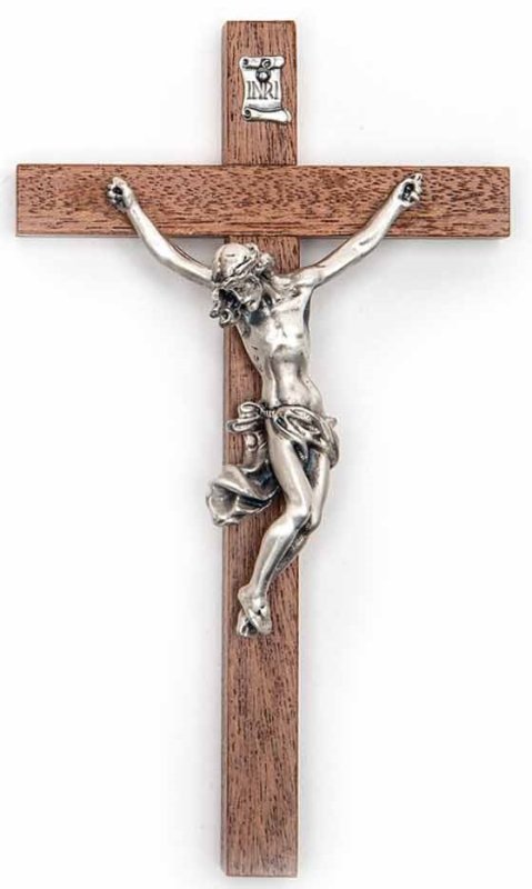 CROCIFISSO LEGNO MOGANO CON CORPO METALLO COLOR ARGENTO