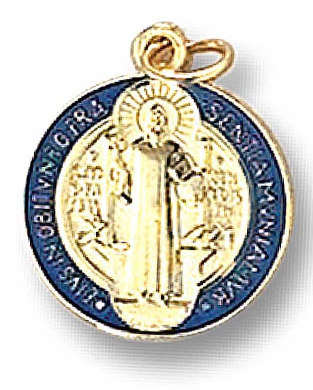 MEDAGLIA SAN BENEDETTO METALLO DORATO E SMALTO BLU cm 2
