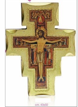 CROCE SAN DAMIANO - La croce è realizzata su legno con finiture in oro. Dimensione: 43 x 32 cm.