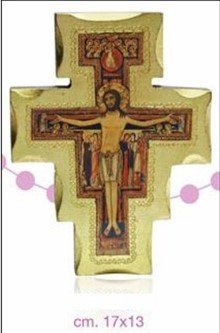 CROCE SAN DAMIANO - La croce è realizzata su legno con finiture in oro. Dimensione: 17x13 cm.