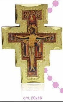 CROCE SAN DAMIANO - La croce è realizzata su legno con finiture in oro. Dimensione: 20x16 cm.