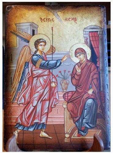 ANNUNCIAZIONE A MARIA - Icona dipinta a mano su legno. Provenienza: europa dell'est. Completa di cofanetto e certificato di autenticità. Dimensioni: 22 x 18 cm.