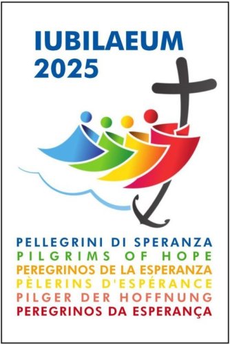 SANTINO CON LOGO DEL GIUBILEO E FRASE IN MULTILINGUE - La frase sul retro del cartoncino &egrave; riportata in sei lingue diverse