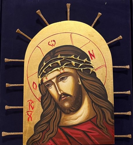 GESU' CORONATO DI SPINE 19X26 CM - ICONA DIPINTA A MANO E COMPLETA DI CHIODI-SPINE