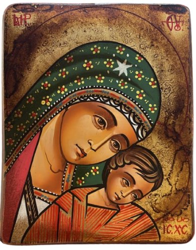 MADONNA ELEUS-KIKKS (MANTO VERDE) - Icona dipinta a mano, misure 14 x 18 cm. Con cofanetto.