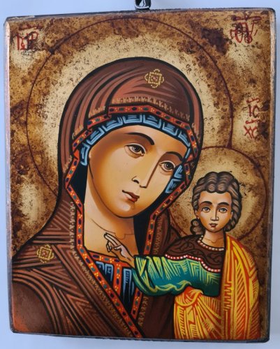 MADONNA "KAZANSKAJA" 22X18 CM - ICONA RUMENA DIPINTA A MANO