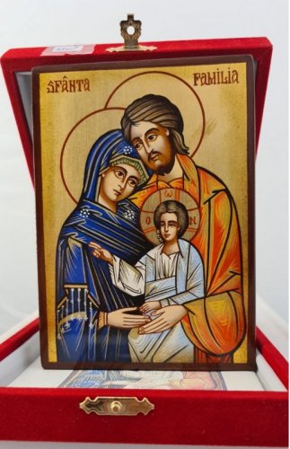 SACRA FAMIGLIA - Icona dipinta a mano, misure 8 x 10 cm. Con cofanetto.