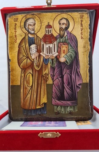 SANTI PIETRO E PAOLO - Icona dipinta a mano, anticata. Misure 14 x 18 cm. Con cofanetto.