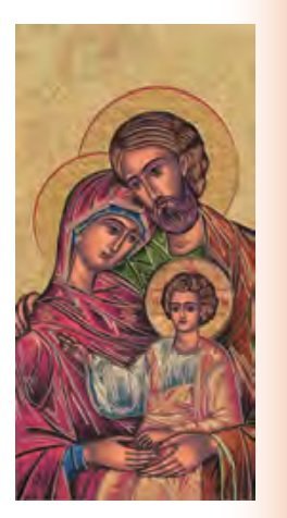 SACRA FAMIGLIA - Questa icona della Sacra Famiglia, stampata su cartoncino pesante ed arricchita di dettagli in oro a caldo si presenta come elemento di congiunzione tra la tradizione Cattolica e quella Ordotossa. 6 x 13.5 Cm