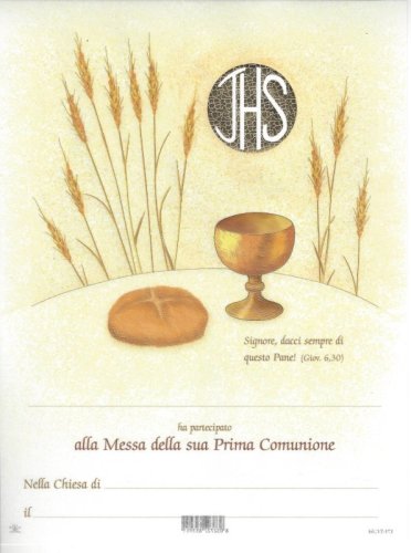 DIPLOMA COMUNIONE SPIGA PANE - Pergamena stampata su cartoncino. Dimensione 18x24 cm