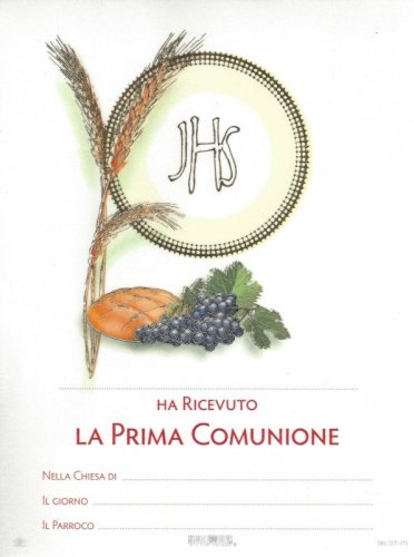 DIPLOMA COMUNIONE SPIGA UVA PANE - Pergamena stampata su cartoncino. Dimensione 18x24 cm