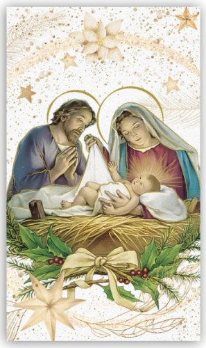 NATIVITA' - La combinazione tra la luminosit&agrave; della carta perlata e la translucenza delle decorazioni di sfondo, creano un santino natalizio davvero originale nello stile ed efficace nel rappresentare la gioia per la nascita del Salvatore. 7 x 12 cm