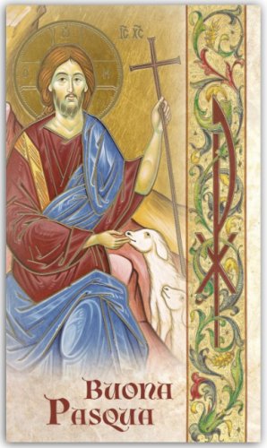 RESURREZIONE BUONA PASQUA - Immaginetta di Pasqua che ritrae Ges&ugrave; Buon Pastore ed &egrave; arricchita da particolari in oro digitale. 7 x 12 cm