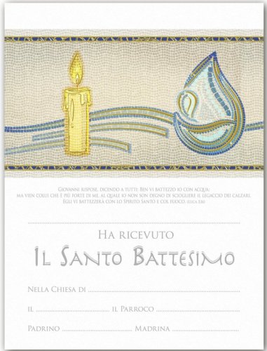 SACRAMENTO DEL BATTESIMO - Pergamena stampata su cartoncino. Dimensione 18x24 cm