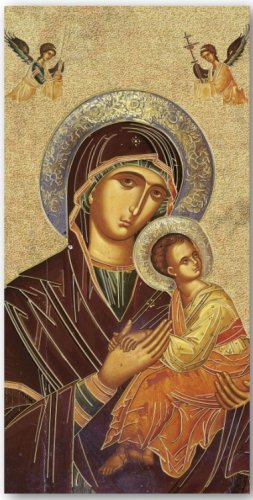 SANTINO ORO MADONNA - Questa icona della Madonna del Perpetuo Soccorso, stampata su cartoncino pesante ed arricchita di dettagli in oro a caldo si presenta come elemento di congiunzione tra la tradizione Cattolica e quella Ordotossa. 6 x 13.5 Cm