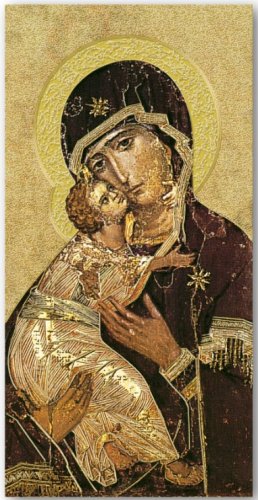 SANTINO ORO MADONNA TENEREZZA - Questa icona della Madonna della Tenerezza, stampata su cartoncino pesante ed arricchita di dettagli in oro a caldo si presenta come elemento di congiunzione tra la tradizione Cattolica e quella Ordotossa. 6 x 13.5 Cm