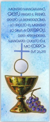 SEGNALIBRO COMUNIUONE FONDO BLU - Segnalibro di Prima Comunione stampato su cartoncino pesante con effetti di lucido e particolari in oro digitale. 6 x 15 cm