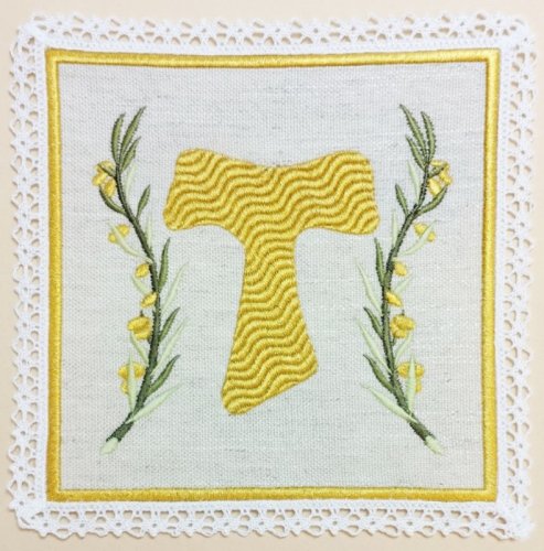 PALLA TAU DORATA E RAMI DI ULIVO - Misure: 17 x 17 cm - Lino