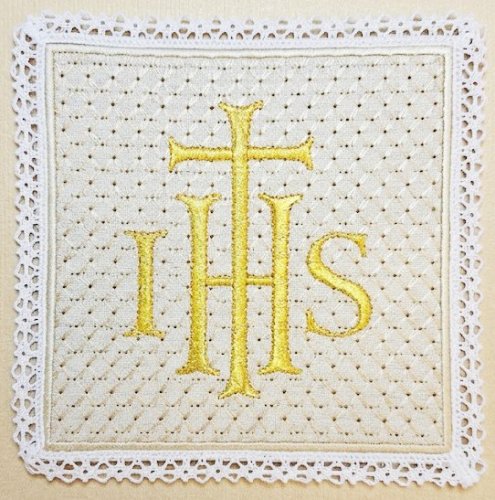 PALLA CROCE IHS DORATO - Misure: 17,5 x 17,5 cm - Canapa/Lino