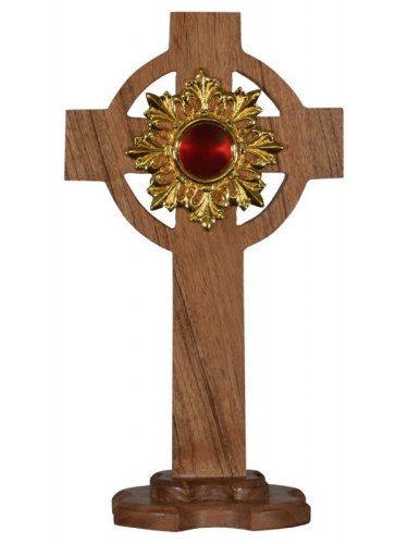 RELIQUIARIO IN LEGNO CON CROCE - Altezza 30 cm &ndash; Larghezza 16,5 cm &ndash; Diametro teca: 4,5 cm