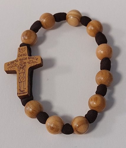 BRACCIALE ELASTICO CON CROCE DI PAPA FRANCESCO - Legno di ulivo. Con biglietto messaggio in busta crystal.