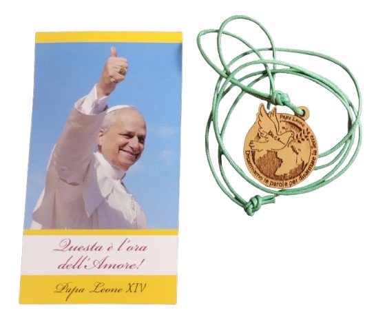 CIONDOLO LEGNO DI ULIVO - PAPA LEONE XIV: Disarmiamo le parole per disarmare la terra.