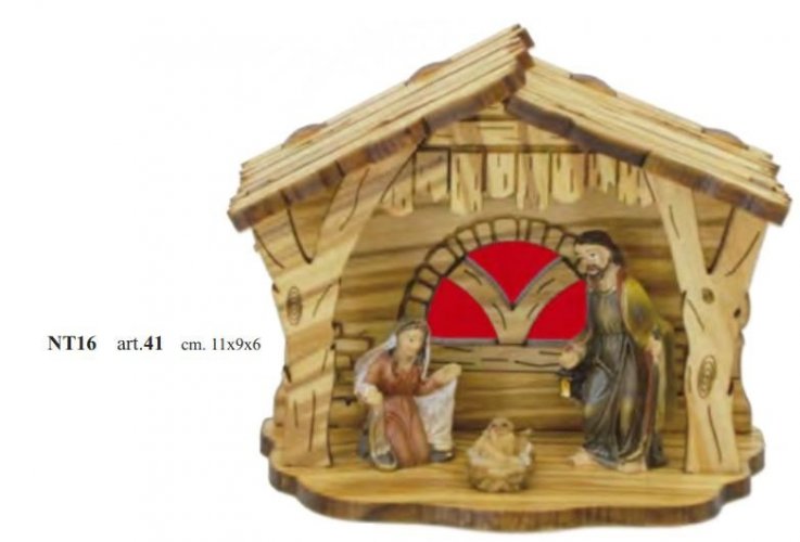PRESEPE CAPANNA - Legno di ulivo. Con biglietto messaggio in scatola crystal.