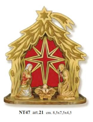 PRESEPE CAPANNA STELLA DOPPIO SFONDO - Legno di ulivo. Con biglietto messaggio in scatola crystal.