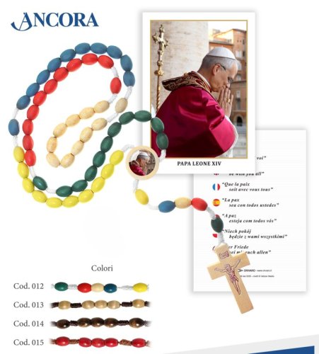 ROSARIO PAPA LEONE XIV GRANO OVALE 8 mm - Rosario in legno con legatura in corda, completo di immaginetta e imbustato singolarmente