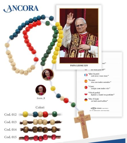 ROSARIO PAPA LEONE XIV GRANO TONDO 8 mm - Rosario in legno con legatura in corda, completo di immaginetta e imbustato singolarmente