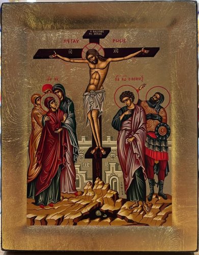 CROCEFISSIONE 15X19 CM - Icona su legno realizzata con la tecnica serigrafica. Provenienza Grecia.