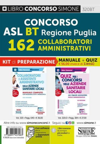Concorso ASL BT Regione Puglia 162 collaboratori amministrativi. Kit di preparazione. Manuale completo + Quiz con risposte commentate
