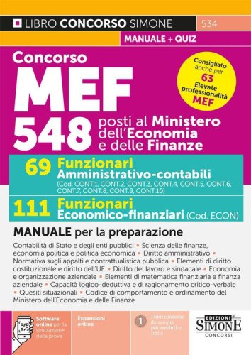Concorso MEF 548 posti. 69 funzionari amministrativo-contabili. 111 funzionari economico-finanziari. Manuale per la preparazione