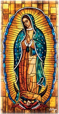 GUADALUPE 6x12 cm - Quadretto in legno con lavorazione che richiama le vetrate policrome di una cattedrale. Completo di accessorio di appoggio oppure pu&ograve; venire appeso al muro.