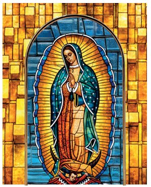 GUADALUPE VETRO 10x14 cm - Quadretto in vetro con lavorazione che richiama le vetrate policrome di una cattedrale. Completo di accessorio di appoggio oppure pu&ograve; venire appeso al muro. Il tutto in una elegante confezione.