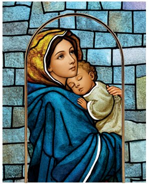MADONNA FERRUZZI VETRO 13x18 cm - Quadretto in vetro con lavorazione che richiama le vetrate policrome di una cattedrale. Completo di accessorio di appoggio oppure pu&ograve; venire appeso al muro. Il tutto in una elegante confezione.
