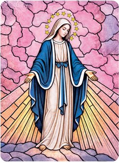 MADONNA MIRACOLOSA 5.5x7.5 cm - Quadretto in legno con lavorazione che richiama le vetrate policrome di una cattedrale. Completo di accessorio di appoggio.