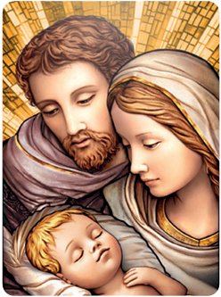 SACRA FAMIGLIA 5.5x7.5 cm - Quadretto in legno con lavorazione che richiama le vetrate policrome di una cattedrale. Completo di accessorio di appoggio.