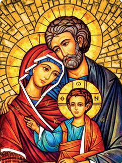 SACRA FAMIGLIA ICONA 5.5x7.5 cm - Quadretto in legno con lavorazione che richiama le vetrate policrome di una cattedrale. Completo di accessorio di appoggio.