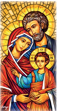 SACRA FAMIGLIA ICONA 6x12 cm - Quadretto in legno con lavorazione che richiama le vetrate policrome di una cattedrale. Completo di accessorio di appoggio oppure pu&ograve; venire appeso al muro.