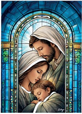 SACRA FAMIGLIA VETRO 10x14 cm - Quadretto in vetro con lavorazione che richiama le vetrate policrome di una cattedrale. Completo di accessorio di appoggio oppure pu&ograve; venire appeso al muro. Il tutto in una elegante confezione.