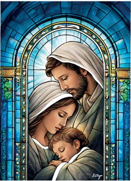 SACRA FAMIGLIA VETRO 17x23.5 cm - Quadretto in vetro con lavorazione che richiama le vetrate policrome di una cattedrale. Completo di accessorio di appoggio oppure pu&ograve; venire appeso al muro. Il tutto in una elegante confezione.