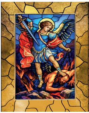 SAN MICHELE ARCANG. VETRO 13x18 cm - Quadretto in vetro con lavorazione che richiama le vetrate policrome di una cattedrale. Completo di accessorio di appoggio oppure pu&ograve; venire appeso al muro. Il tutto in una elegante confezione.