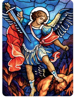S. MICHELE ARCANGELO 5.5x7.5 cm - Quadretto in legno con lavorazione che richiama le vetrate policrome di una cattedrale. Completo di accessorio di appoggio.