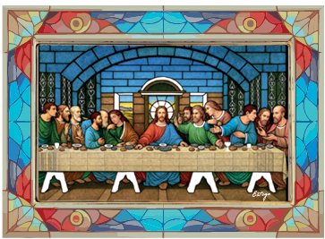 ULTIMA CENA VETRO 17x23.5 cm - Quadretto in vetro con lavorazione che richiama le vetrate policrome di una cattedrale. Completo di accessorio di appoggio oppure pu&ograve; venire appeso al muro. Il tutto in una elegante confezione.