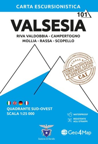 101 Valsesia. Quadrante sud-ovest. Riva Valdobbia, Campertogno, Mollia, Rassa, Scopello 1:25.000
