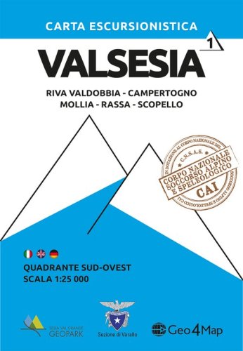 101 Valsesia quadrante Sud Ovest. Riva Valdobbia, Campertogno, Mollia, Rassa, Scopello. Carta escursionistica 1.25.000
