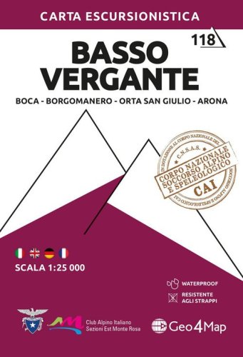 118 Basso Vergante. Boca, Borgomanero, Orta San Giulio, Arona. Carta escursionistica 1:25.000
