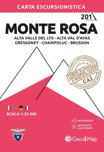 201 Monte Rosa. Alta Valle del Lys, Alta Val d'Ayas, Gressoney, Champoluc, Brusson. Carta escursionistica 1:25.000