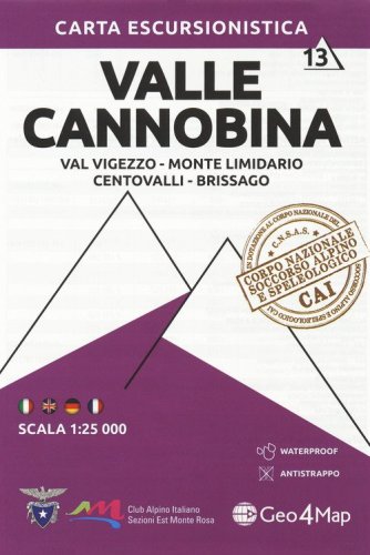 Carta escursionistica Valle Cannobina. Scala 1:25.000. Ediz. italiana, inglese, tedesca e francese